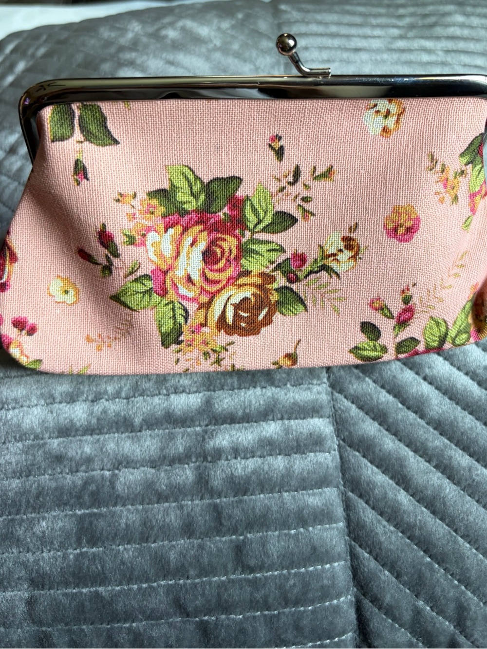 Floral Canvas Kiss Lock Coin Purse Pink Rose Change Purse Clutch